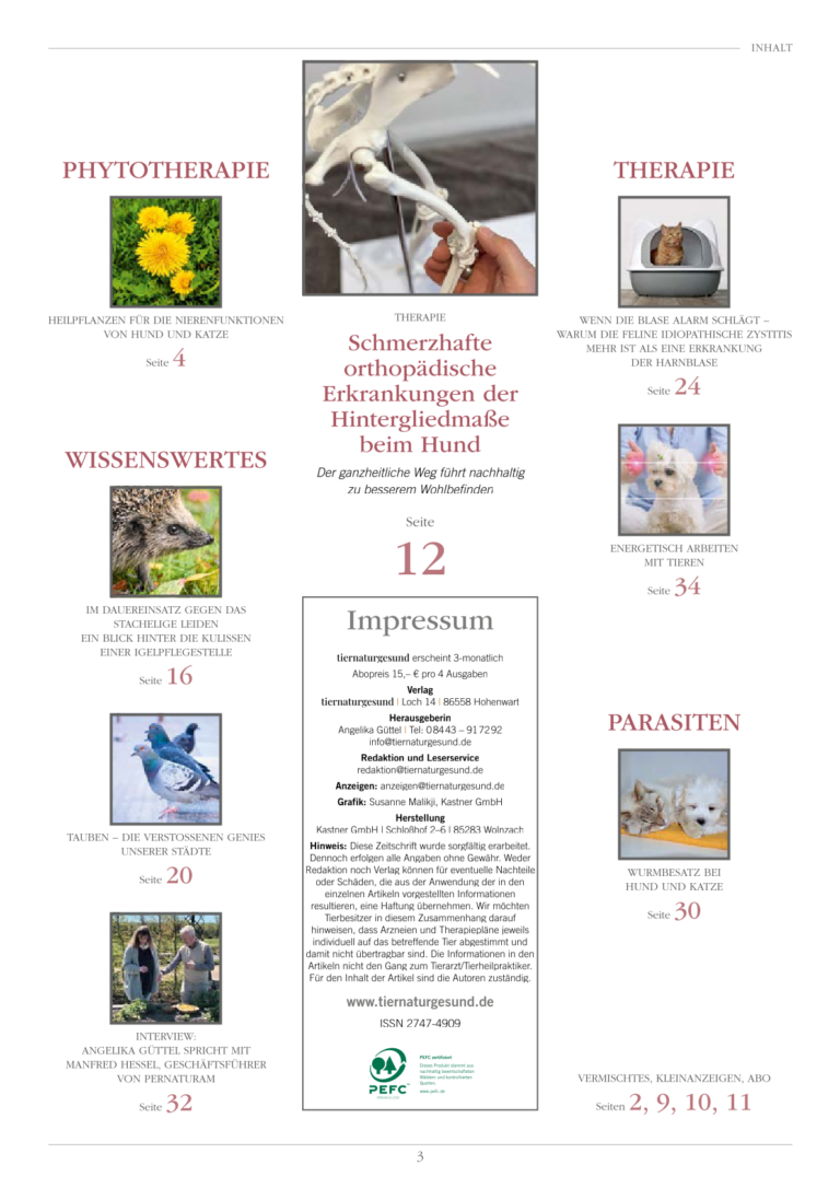 Inhaltsverzeichnis der Ausgabe 01/26 des Magazins tiernaturgesund.